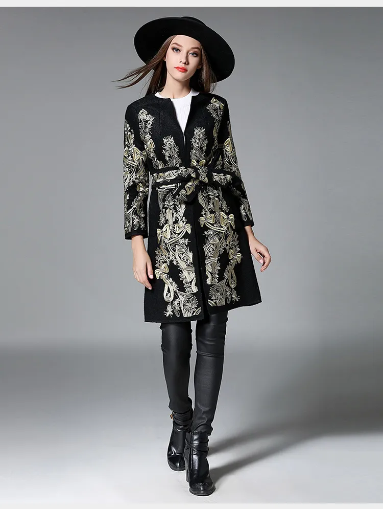 Inverno Runway Designer Outerwear das Mulheres de Alta Qualidade Impressionante Luxuoso Retro Floral Bordado mulheres De Lã Casaco de lã mistura