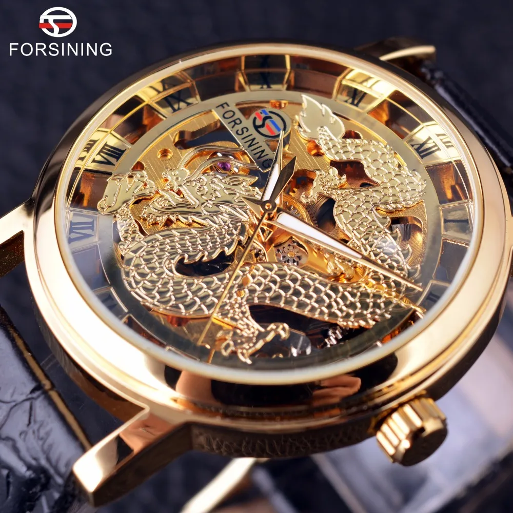 Forsining Chinesisches Drache-Skelett-Design, transparentes Gehäuse, goldene Uhr, Herrenuhren, Top-Marke, Luxus, mechanische Herren-Armbanduhr