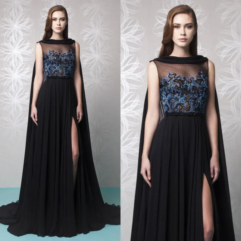 Tony Ward Schwarze Chiffon-Abendkleider mit seitlichem Schlitz und Umhang 2017 Günstige blaue Stickerei Perlen Langes Kleid Abendgarderobe Benutzerdefinierte EN10269