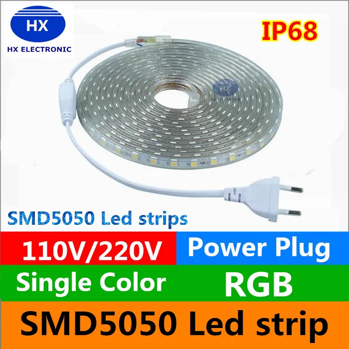 110 V / 220-240V Hoogspanning 100m LED Strips 5050 Waterdicht 10m 15m 20m 25m 30m 35m 40m 45m 50m LED-lichtstrips + power suply