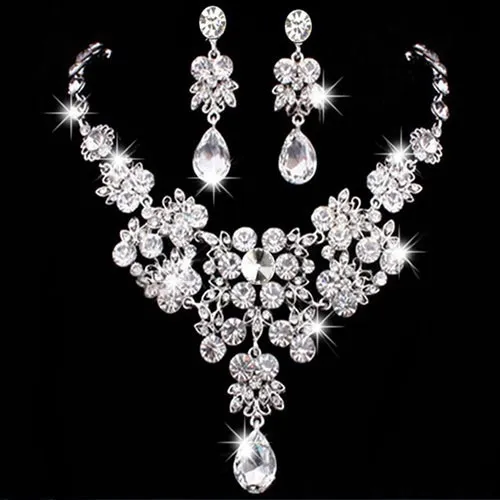 Women Fashion Crystal Wedding Earrings Jewelry Adjustable Pendant Necklace Bridal Jewelry Sets Accessories