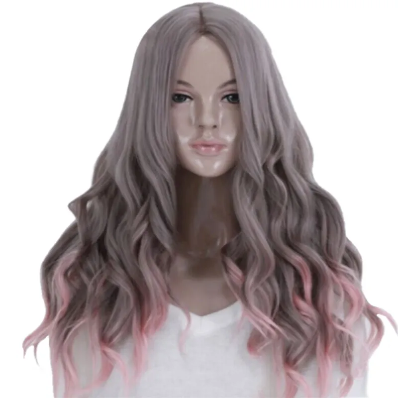 Woodfestival harajuku rosa peruk gradient blandning grå cosplay långa värmebeständiga peruker lockigt vågigt peruk syntetiskt hår hög kvalitet