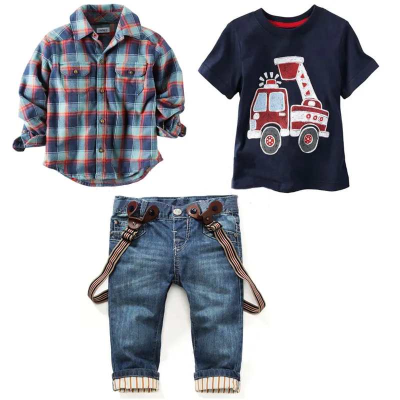 Roupas Meninos Primavera Outono Crianças Menino Terno Suave Manga Longa Camisas + Algodão Carros T-shirt Tops + Suspender Geral Denim Jeans Sets