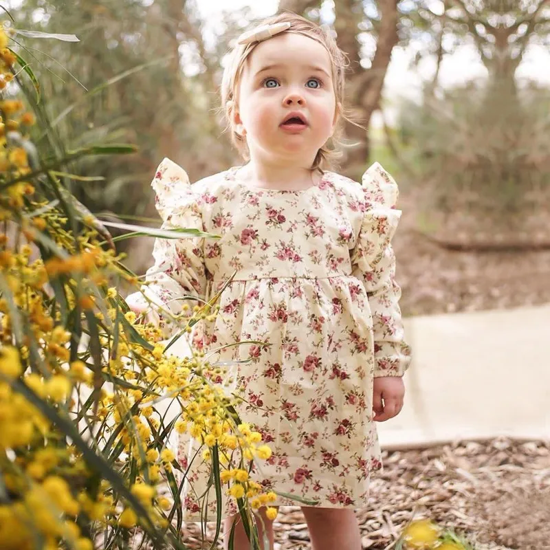 2018 Ropa para niños Ropa para niña Primavera Otoño Manga larga Retro Floral Vestidos para niñas Ropa de boutique para niñas Ropa para niños pequeños