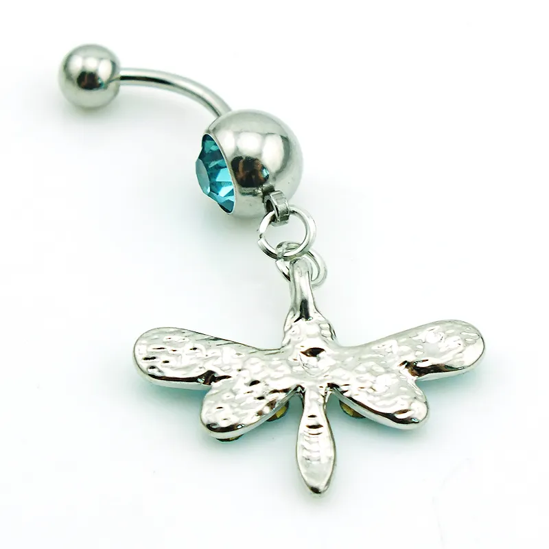 Body Jewelry Fashion Belly Button Rings 316L Stainless Steel Barbell Dangle Blue Rhinestone Dragonfly Navel Piercing Jewelry226j