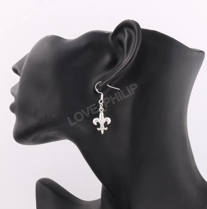 Iris Fleur-de-lis Fleur Dangle Lustre Boucles D'oreilles 925 Argent Poisson Crochet D'oreille esE387 12.5x35mm