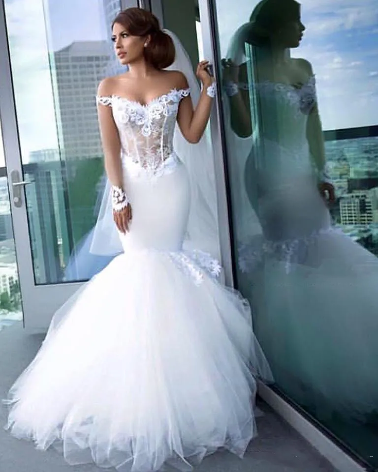 Off The Shoulder Mermaid Wedding Dresses Sheer Bodice Lace