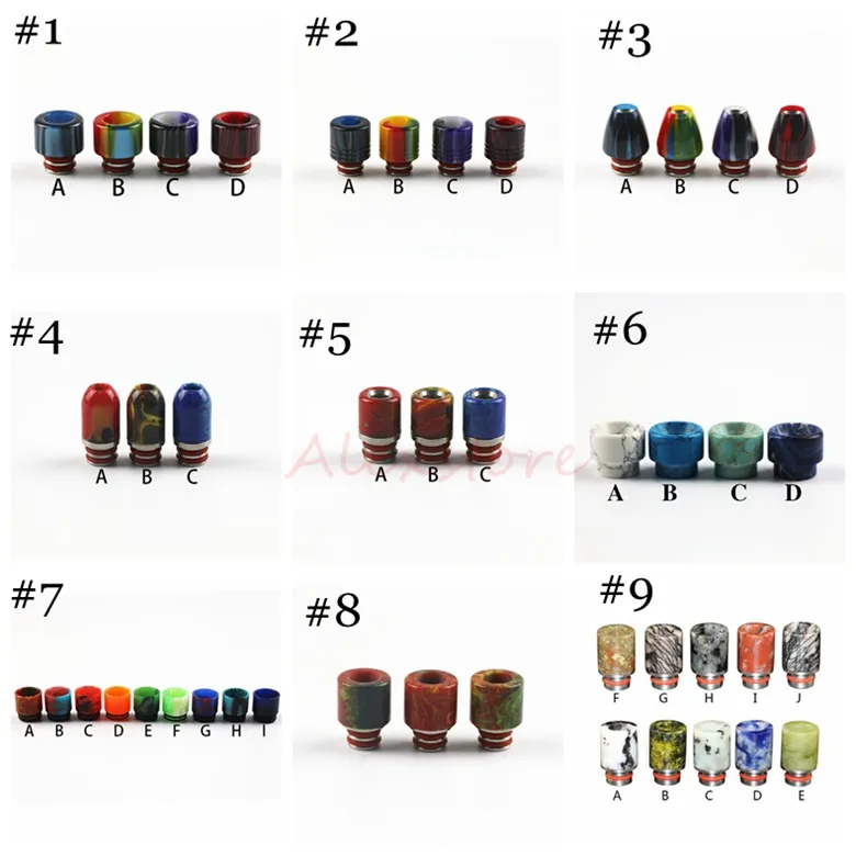 9 Estilo Resina epoxi Acero inoxidable Diámetro ancho 510 Puntas de goteo Metal Jade Piedra Turquesa Punta de goteo Boquilla para TFV8 AV Kennedy 24 RDA