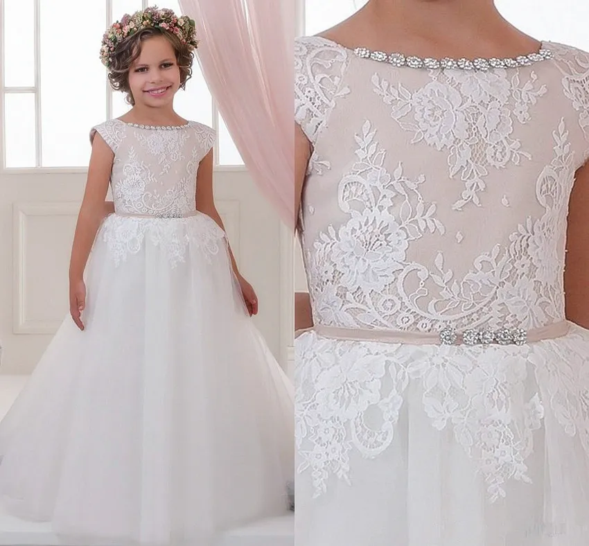 Lace Rhinestones Flower Girl Dresses Crew Ball Gown Children Wedding Dresses Elegant Little Girl Pageant Dresses