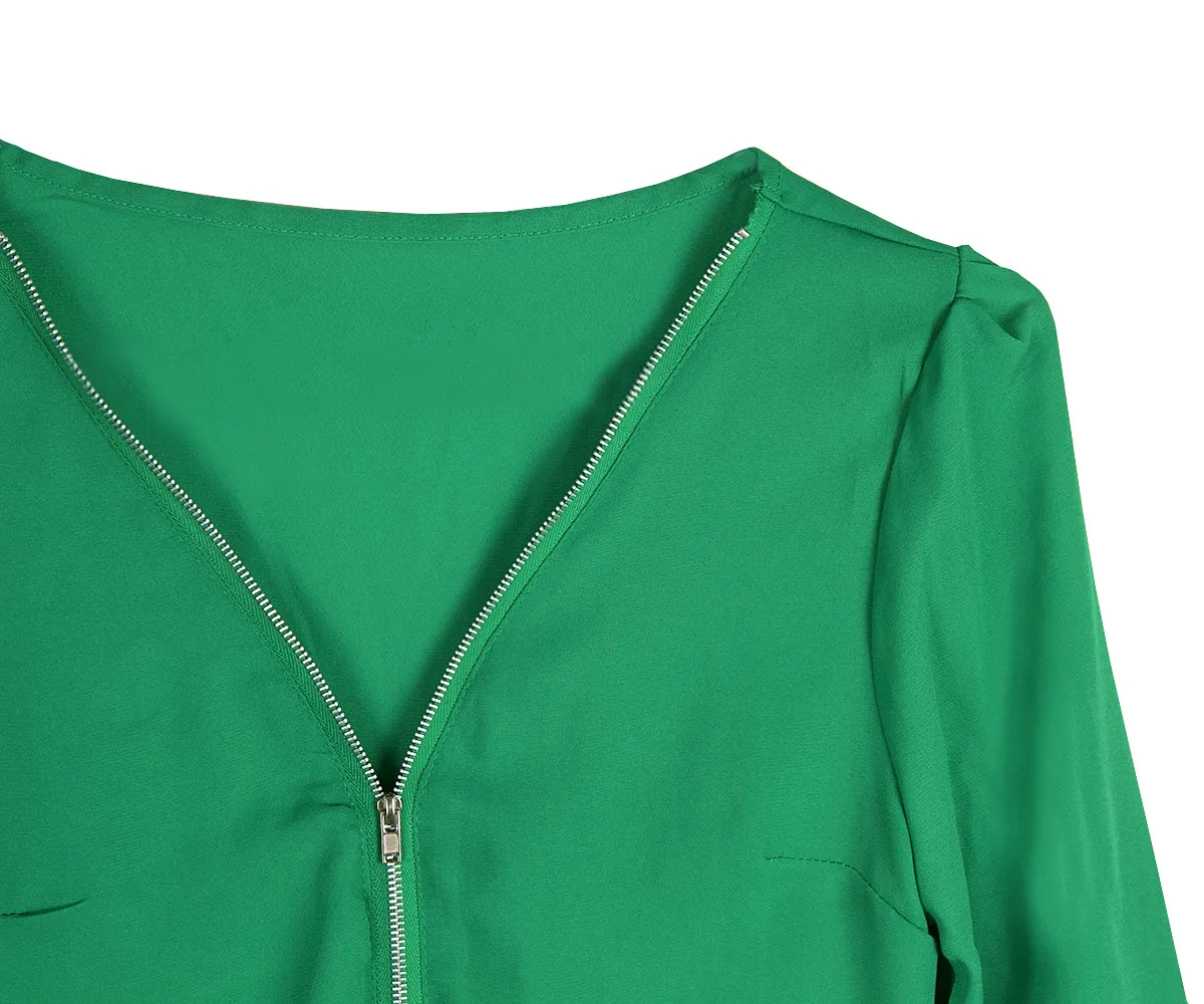 새로운 여름 5 색 여성 V 넥 셔츠 긴 소매 쉬폰 지퍼 앞 블라우스 솔리드 컬러 무료 배송