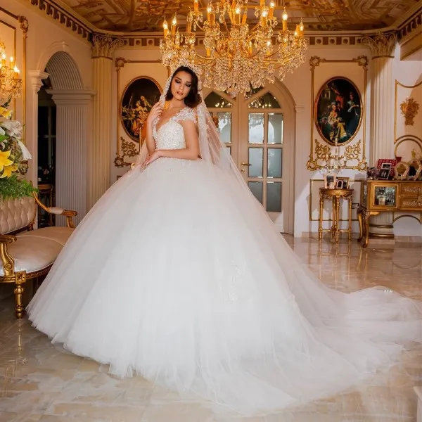 Robe de mariée en tulle robe de mariée princesse perles perles robes de mariée robes de bal pure tulle bijou cou dentelle appliques robe de mariée gonflée