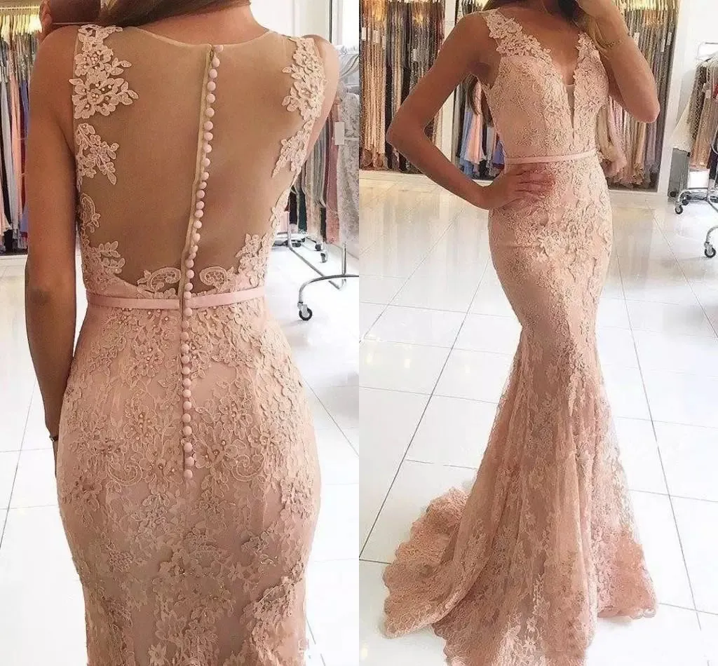 Lace Mermaid Evening Dresses Wear 2021 V-Neck Illusion Appliques Beaded Sheer Back Long Formal Prom Party Gowns