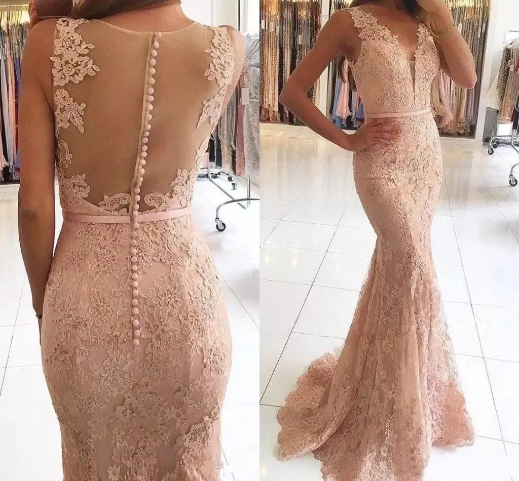 레이스 인어 이브닝 드레스 착용 2021 V-Neck 환상 Appliques Beaded Sheer Back Long Formal Prom Party Gowns