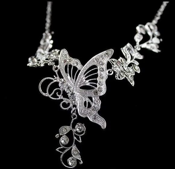 Bridal Flower Butterfly Diamond Necklace Earrings Dangle Set Silver Color Leaf Hollow Out Butterfly Necklace Earrings