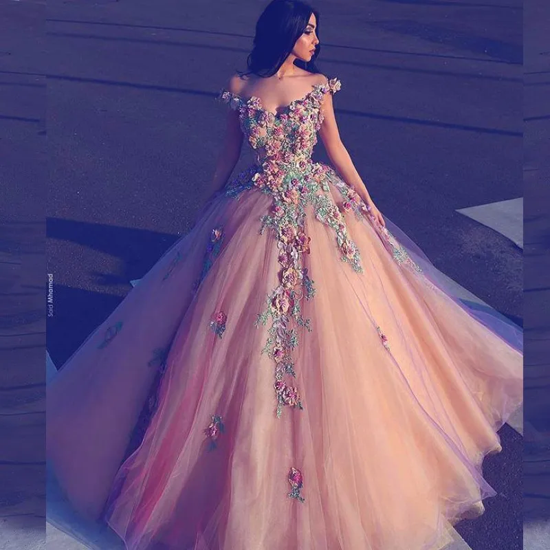 Said Mhamad kwiecista suknia balowa suknia balowa kolorowe aplikacje Off ramię bez rękawów długie sukienki imprezowe puszysty tiul efektowna suknia wieczorowa