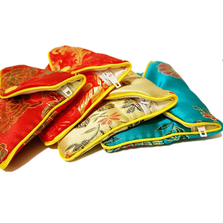 Cheap Small Zip Jewelry Gift Pouch Bracelet Ring Necklace Storage Chinese Silk brocade Coin Purse Craft Packaging Bag 6x8 8x10 10x12 cm