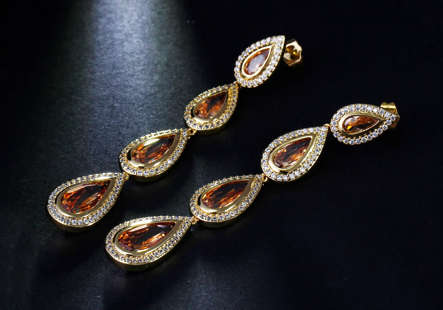 Gold plate Long Earrings, Setting with Water Drop Cubic Zirconia, Plating 18k Earrings for Women