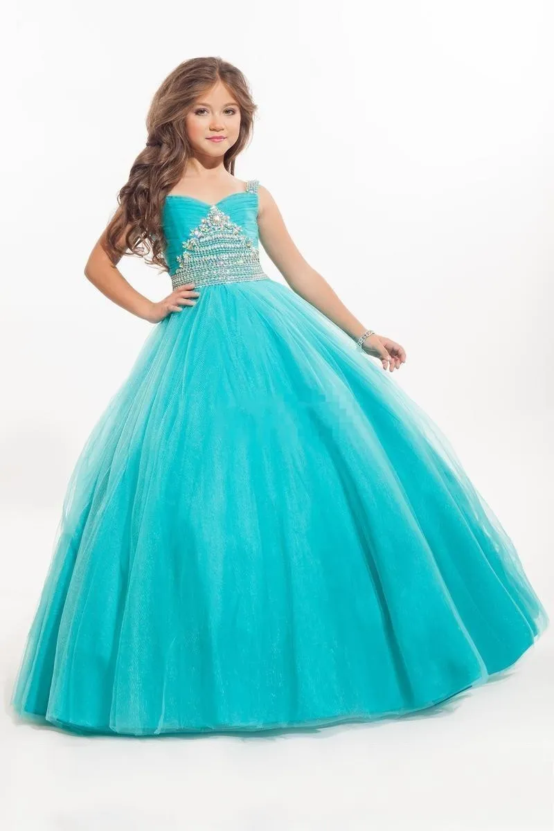 2016 New Mint Turquoise Girls Pageant Dresses Sweetheart Crystal Beaded Ball Gown Long Sweep Train Kids Girls Dress Birthday Communion Gowns