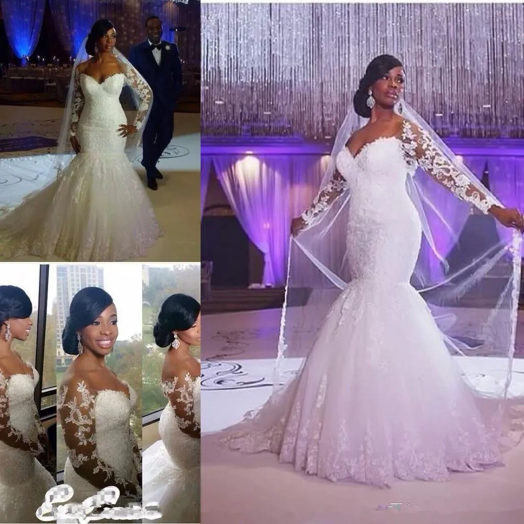 Sexy 2017 Mermaid Wedding Dresses Sweetheart Long Sleeve Lace Bridal Gowns Plus Size African American Appliques Backless Festa De Novia