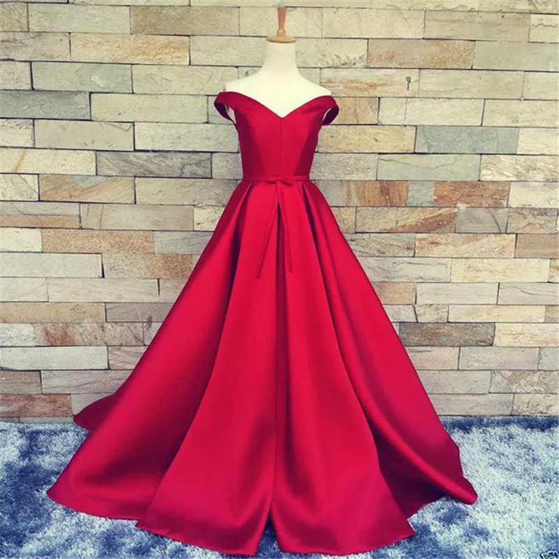 Cheap Evening Dress 2019 Real Pictures Evening Gowns Red Satin Sexy Off ...