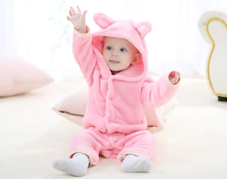 Autunno Inverno Pagliaccetti bambini Orso stile bambino in pile di corallo di marca Felpe con cappuccio Tuta neonate ragazzi pagliaccetto neonato abbigliamento da bambino