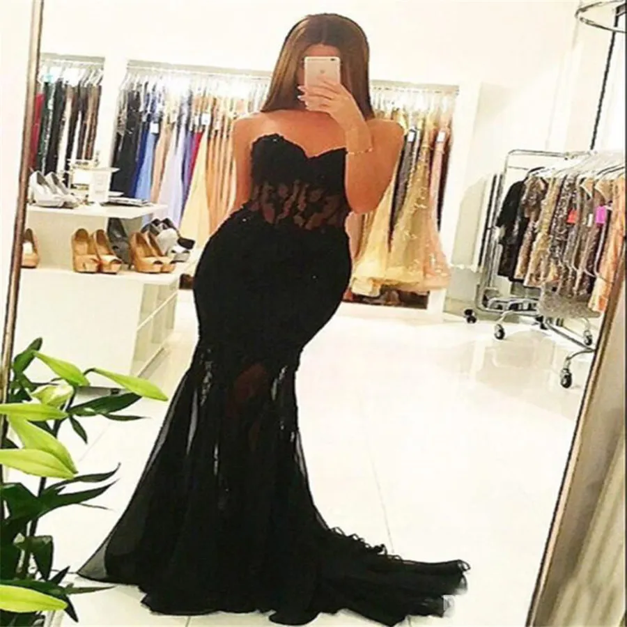 See Through Mermaid Sweetheart Court Train Party Gowns Robe De Soiree Dubai Vestidos Longo Sexy Black Lace Prom Dresses