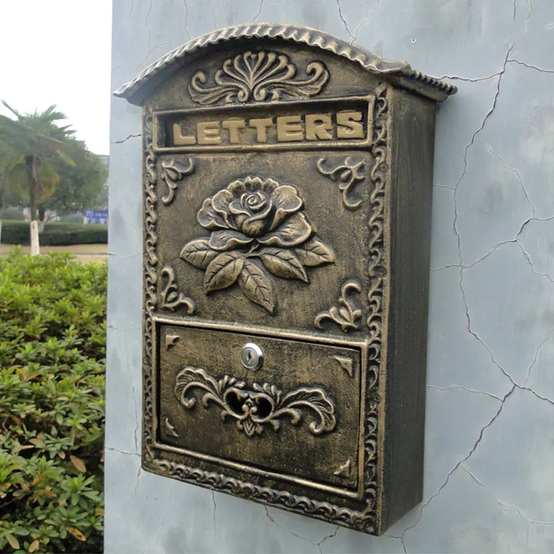 Cast Aluminum Iron Flower Mailbox Garden Decorations Embossed Trim Bronze Decorative Metal Mail Post Letters Box Postbox for Home Cottage Vintage Lockabled