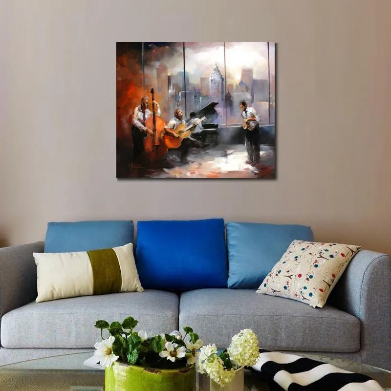 Contemporary Painting Cityscapes Jazz Music Room View Oil Painting Canvas Art Modern Figure High Quality Hand Painted