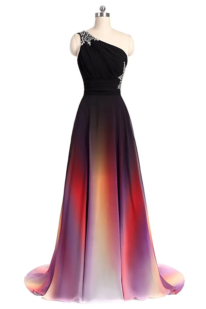 2017 Nieuwe Elegante A-lijn Sexy One Shoulder Ombre Lange Prom Jurken Chiffon Formele Avond Feestjurken WD1014