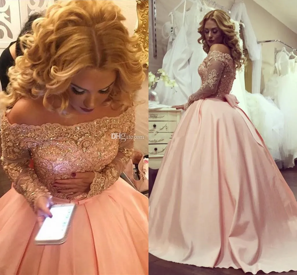 Sparkly Blush Plus Size Ball-jurk Prom Jurken Bead Off The Shoulder Lange Mouwen Avondjurken met Bow