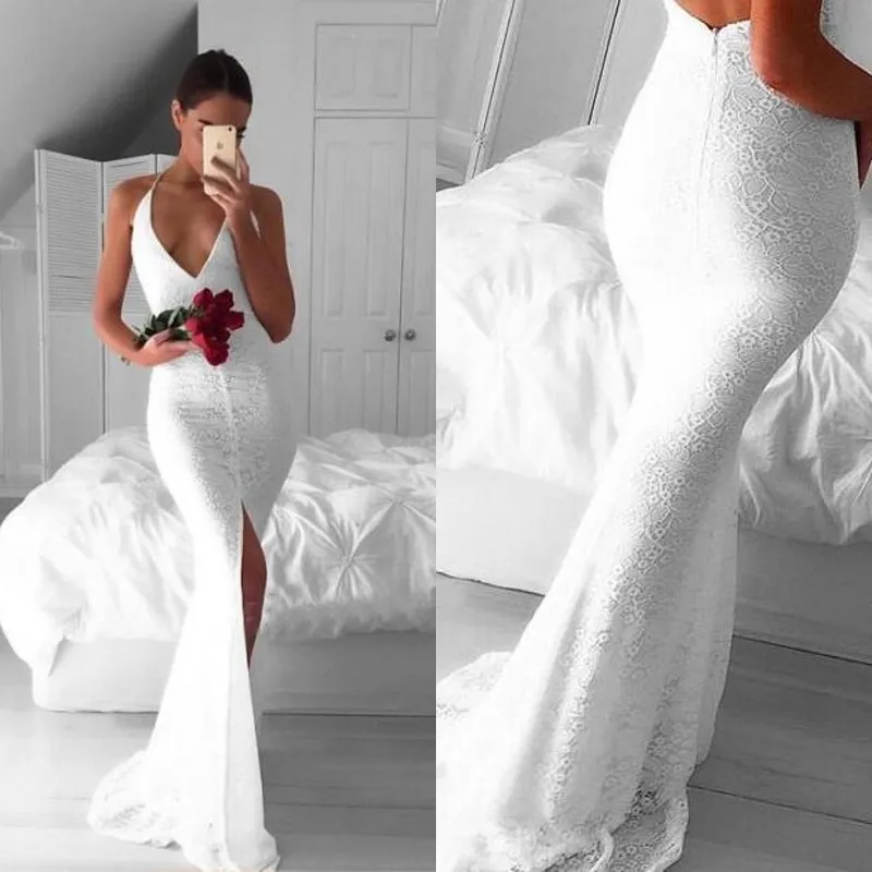 2017 Sexy White Full Lace Backless Mermaid Dresses Evening Wear Halter Front Split Long Formal Gowns Custom Made China EN9135