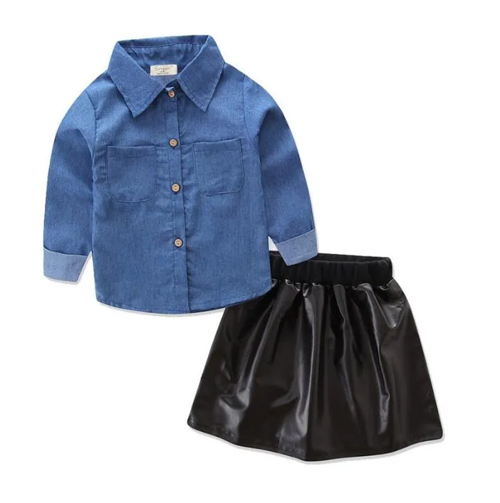 Ins-Baby Girls Clothes Clothes Set Kids Denim Shirt + PU Läder Kjol Klä kostym Barn Outfits 13534