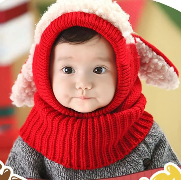 Cute Baby Rabbit Ears Knitted Hat Infant Toddler Winter Warm Hat Beanies Cap with Hooded Scarf Earflap baby Kid Hat