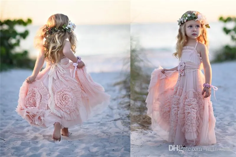 Günstige rosa Blumenmädchenkleider, Spaghetti-Rüschen, handgemachte Blumen, Spitze, Tutu, 2019, Vintage-Kleider für kleine Babys für die Kommunion, Boho-Hochzeit