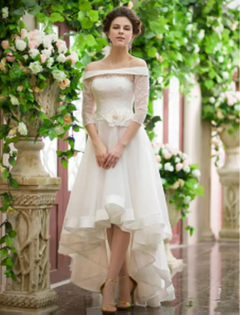 Fabulous A-Line Bröllopsklänningar Bateau Asymmetrisk 3/4 Long Illusion Sleeve Lace och Organza Brudklänningar