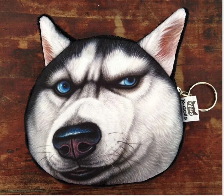 Husky tête clé sac Akita chien visage personnalité portefeuille chien visage sac à main étui à fermeture éclair enfants sac à main 3D impression numérique portefeuilles