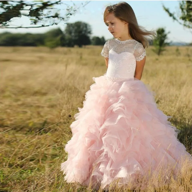 Pink Princess Ball Gown Flower Girl Dresses Sheer Lace Jewel Neck Ruffles Skirt Girls Communion Dress Kids Evening Prom Gowns For Wedding