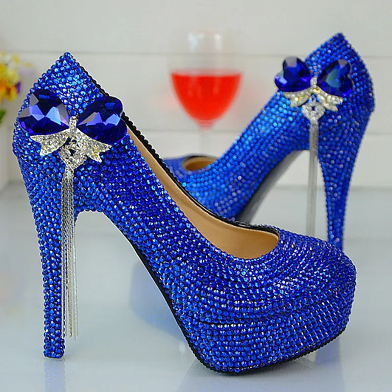 Handgjorda mode Royal Blue Rhinestone Wedding Shoes Round Toe Slip-On High Heel Stilettos Prom Party Pumpar Plus Size 44 45201B