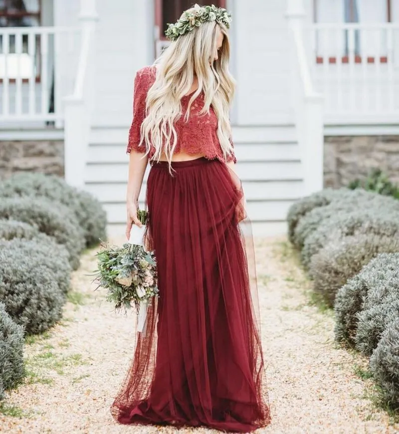 Country Chic Lace Two Piece Lace Bridesmaid Dresses Boho With Half Sleeves A Line Cut Floor Length Tulle Skirt For Wedding Guests And Maid Of Honor From Weddingteam 91.67 DHgate.Com