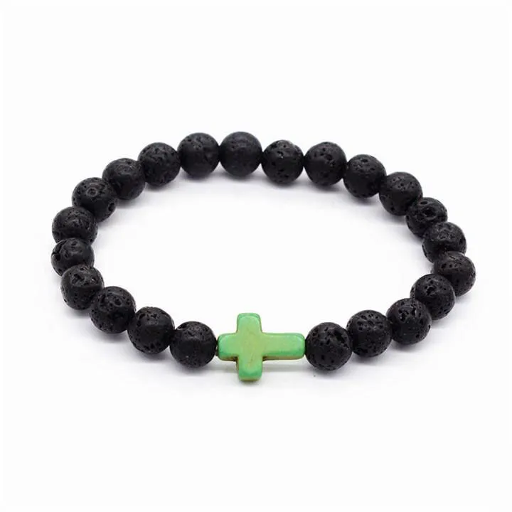 Nw Fashion Lava-rock Round Bead Cross Charm Bracelet Anti-fatigue Lava Brracelets Aromatherapy Rssential Oil Diffuser Jewelry