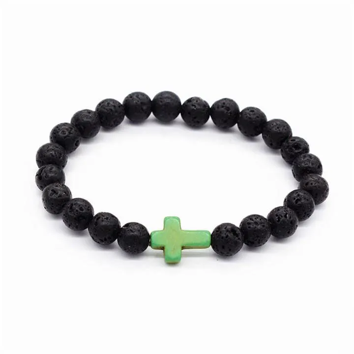 NW Fashion Lava-Rock Round Bead Cross Charm Armband Anti-Fatigue Lava Bracelets Aromaterapi RSSential Oil Diffuser Smycken