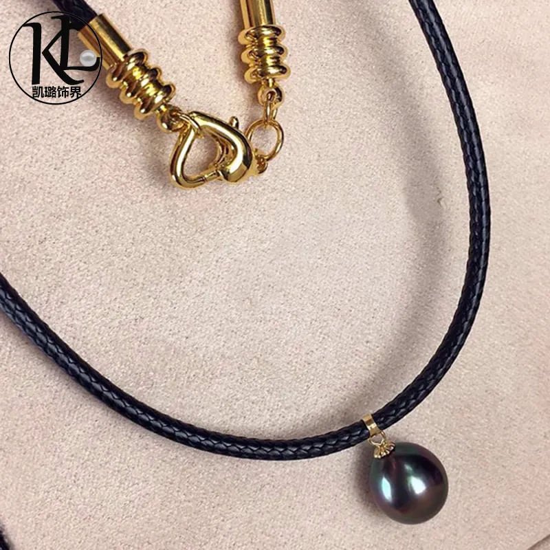 18K Gold Pendant with Drop Shape 9-10m Tahitian Seawater Black Pearl Leather Choker Pendant Necklace for Girl