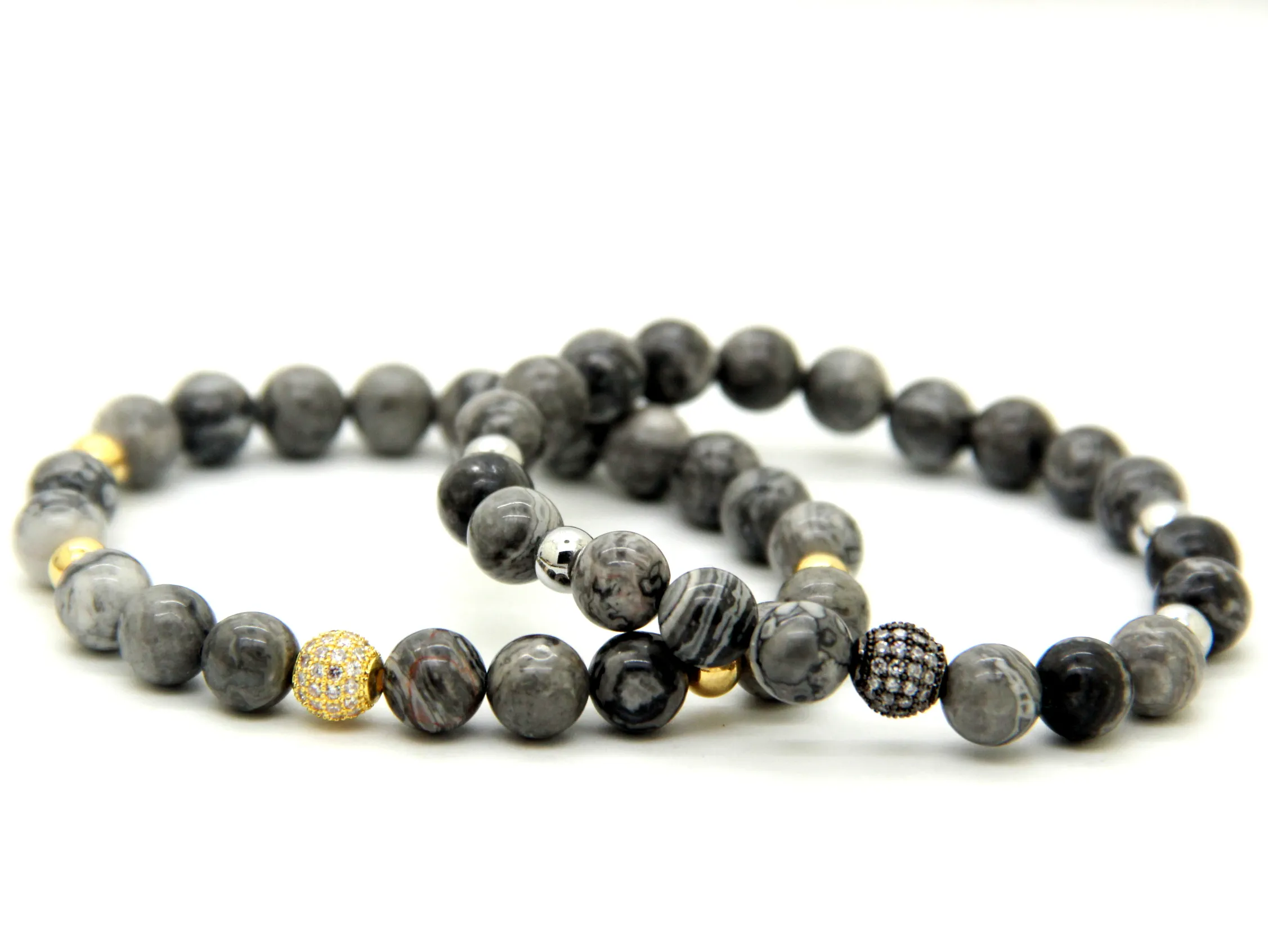 2016 High Grade Jewelry Wholesale 8mm Grey Picture Jasper Stone Beads Micro Pave Black and Gold CZ Beads Bracelets Mens gift