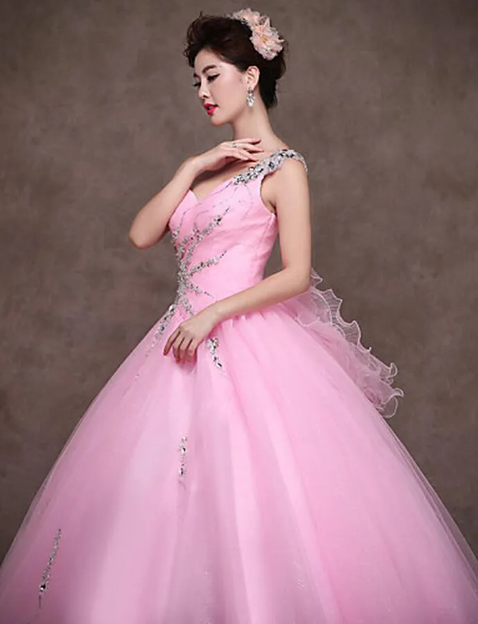 Yüksek Kaliteli Bir Omuz Tül Balo Quinceanera elbise Tatlı 15-16 Prenses Elbiseler Şeker Pembe Örgün Kat-Uzunluk Elbise