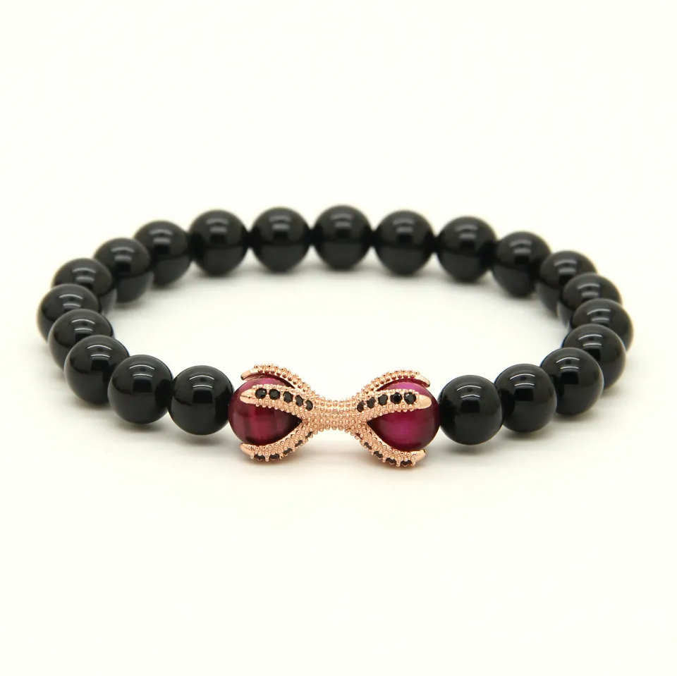 Atacado 10 pçs / lote Natural Black Onyx Pedra com Olho de Tigre Roseo Contas Micro Inlay Preto CZ Beads Eagle Claw Frisado Pulseiras