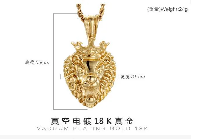 Classical Design Men's Best Jewelry Gift Large 316L Stainless steel Biker Gold Crown Lion Head Pendants Necklace XMAS Gifts