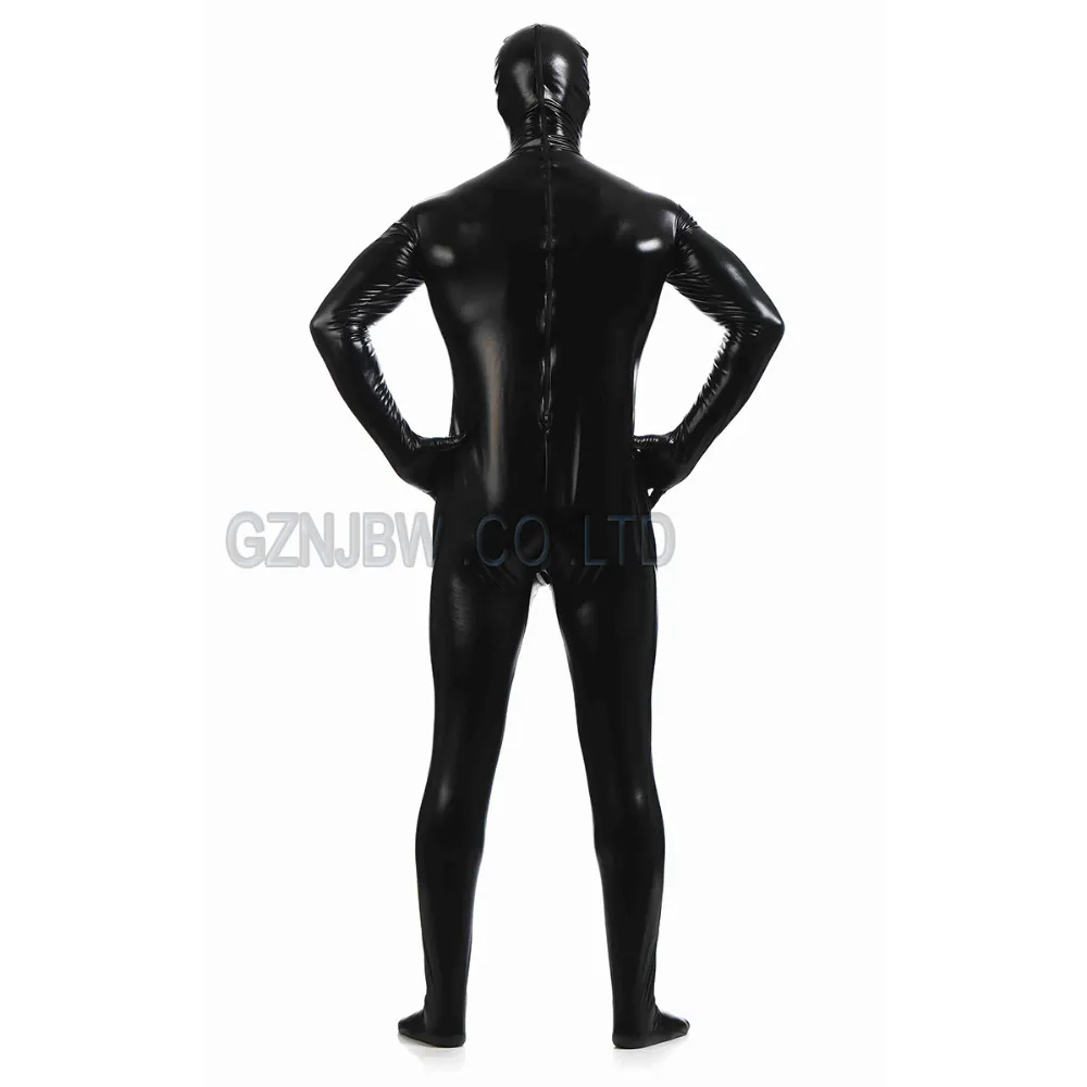 Grossist-vuxen mens faux läder metallisk svart ljus full hud zentai cosplay kostym halloween kostym bodysuit unitard leotard