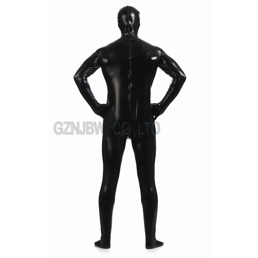 Gros-Adulte Hommes Faux Cuir Métallisé Noir Brillant Pleine Peau Zentai Cosplay Costume Halloween Costume Body Unitard justaucorps