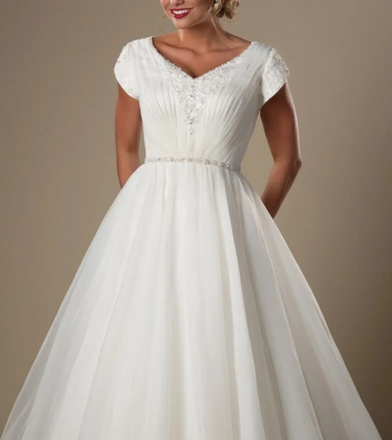 Semplici abiti da sposa modesti in organza a trapezio con maniche corte maniche ad aletta abiti da sposa tempio scollo a V abiti da sposa pieghettati con perline nuovi