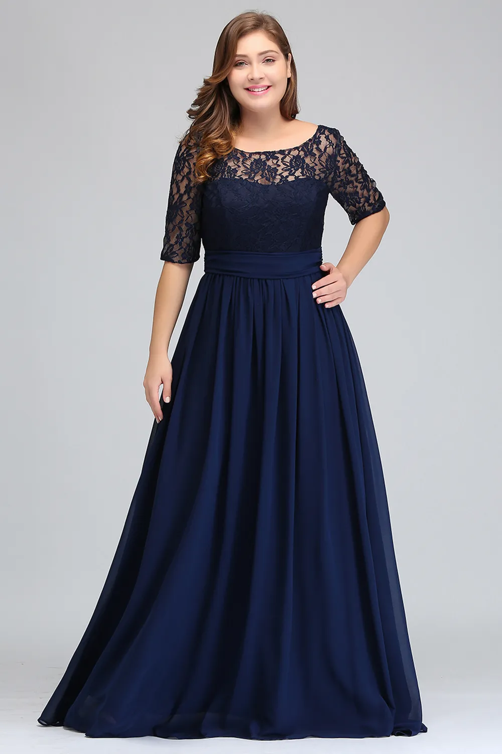 Azul Marinho Escuro Preto Borgonha Meia Manga Longa Vestidos de Baile Plus Size Renda Top A Line Chiffon V Costas Vestidos Mãe da Noiva Vestidos Baratos CPS522